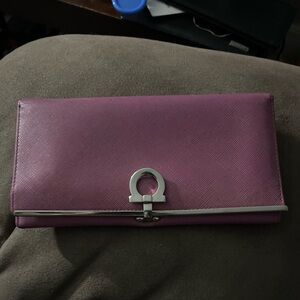 Salvatore Ferragamo Gancini Clip Leather Long Bifold Wallet Purple
